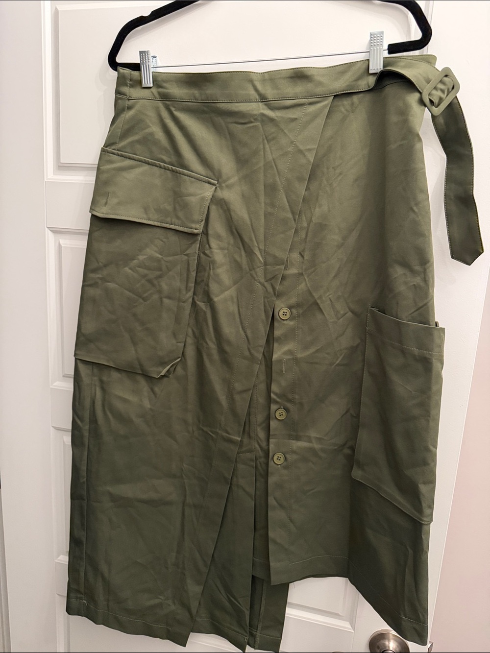 Olive Green Utility Button-Front Midi Skirt